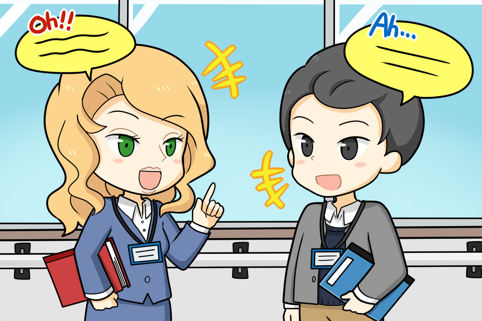 外国籍の女性と話している男性