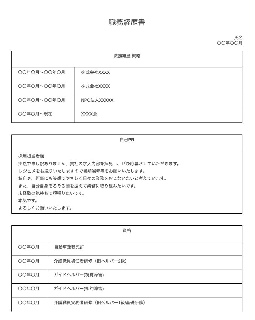 転職成功者3名の実例付き】介護士の職務経歴書の書き方と見本＆テンプレート | 【無料】スマホで履歴書・職務経歴書作成｜テンプレートからWeb作成 |  ミライトーチResume