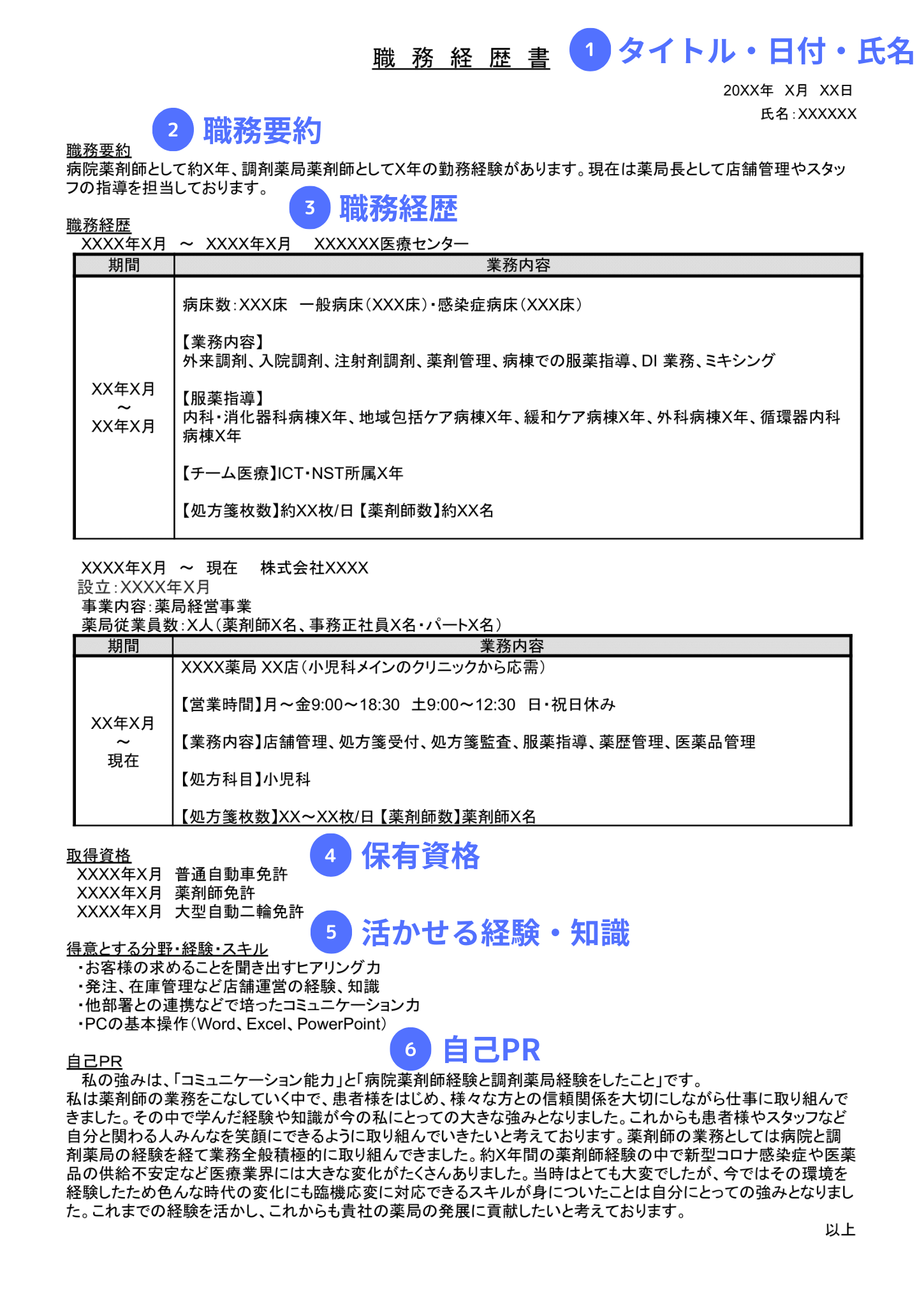 転職成功者3名の実例付き】薬剤師の職務経歴書の書き方と見本＆テンプレート | 【無料】スマホで履歴書・職務経歴書作成｜テンプレートからWeb作成 |  ミライトーチResume