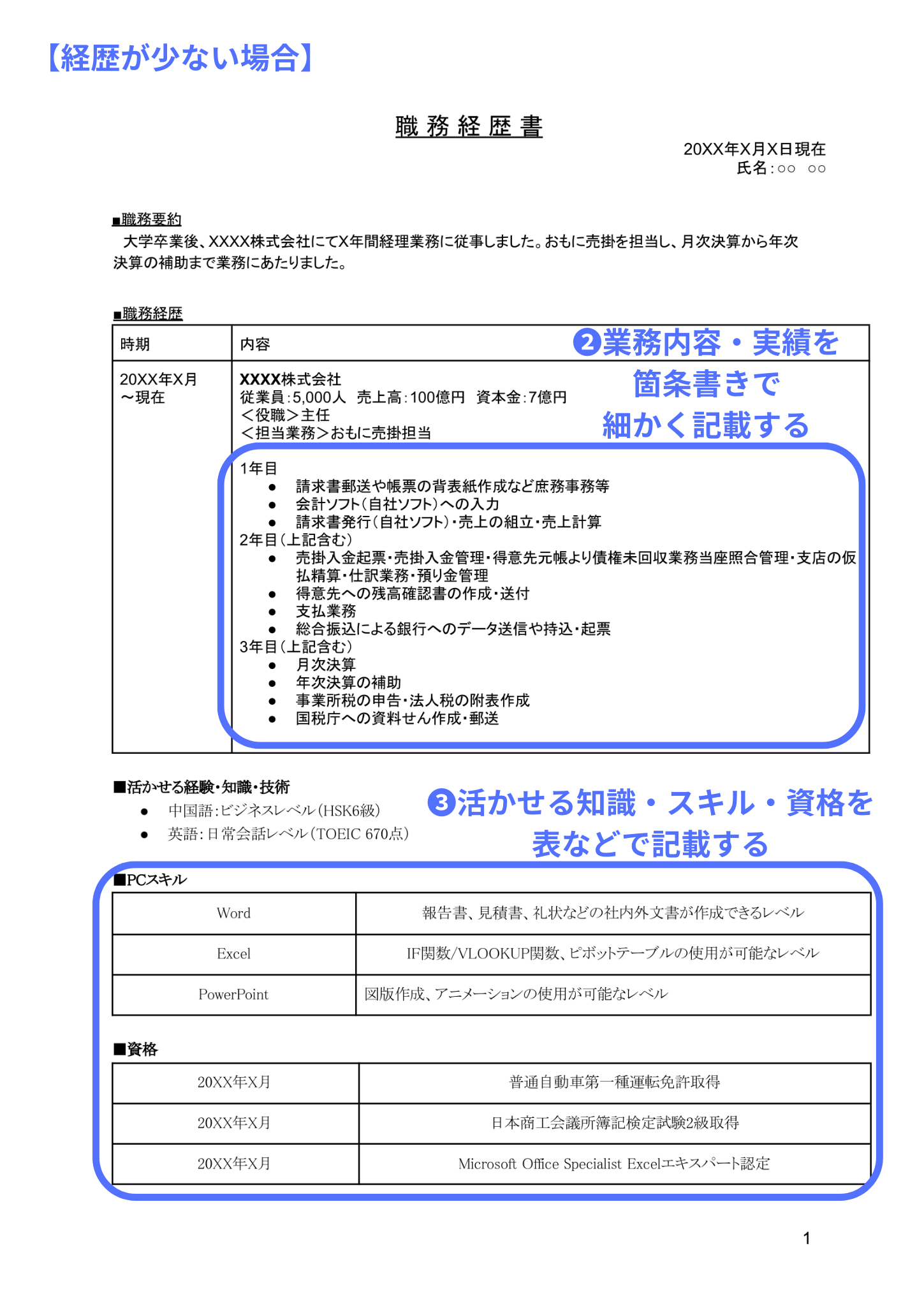 職務経歴書（経歴が少ない場合）